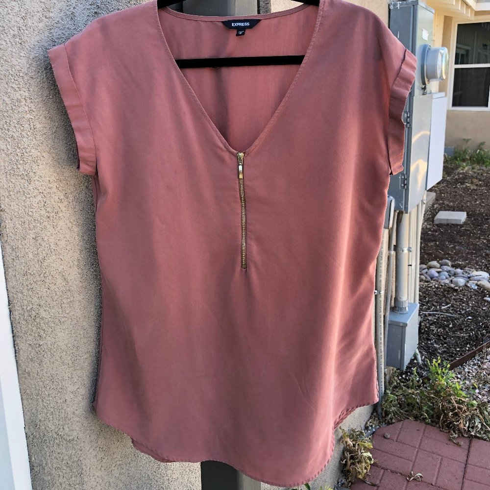 Express Brushed V-Neck Zip Front Blouse